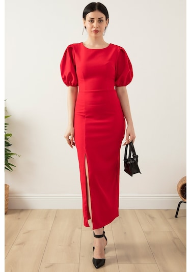 Kalopya Balon Kol Yırtmaçlı Atlas Elbise 4317-