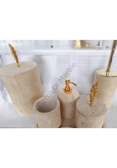 Sarı Traverten Klasik Model 7 Parça Gold Renk Kuş Tüyü Aksesuarlı Banyo Seti Sarı Traverten