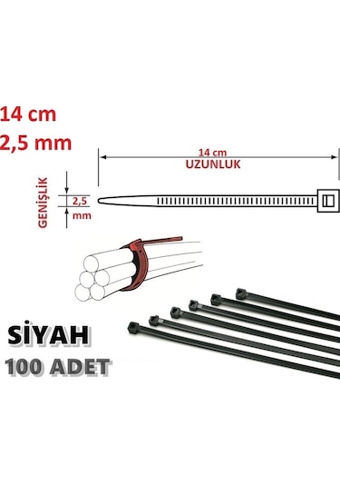 100 Adet 14Cm X 2.5Mm Plastik Kelepçe Kablo Bağı Siyah