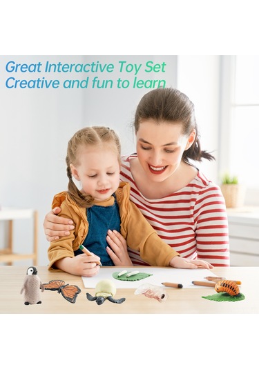 Yifomall 25 Adet Hayvan Büyüme Döngüsü Modeli + 25 Kart - Çocuklar İçin Doğa Bilgisi Eğitici Öğretim Aracı Kelebek, Kurbağa, Arı, Böcek, Deniz Kaplumbağası, Yavru Penguen