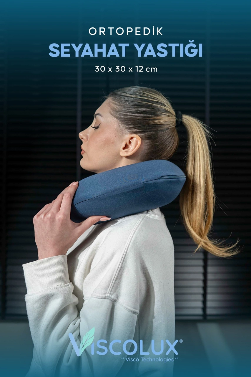 Ortopedik Visco Seyahat Yastığı - Visco Boyun Destekli Yastık 30x30x12 İndigo Mavi