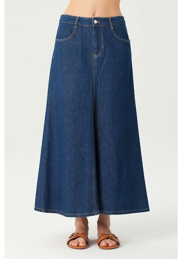 Koyu Mavi Yüksek Bel Patı Fermuarlı Maxi Jean Etek C 4532-057 Koyu Mavi