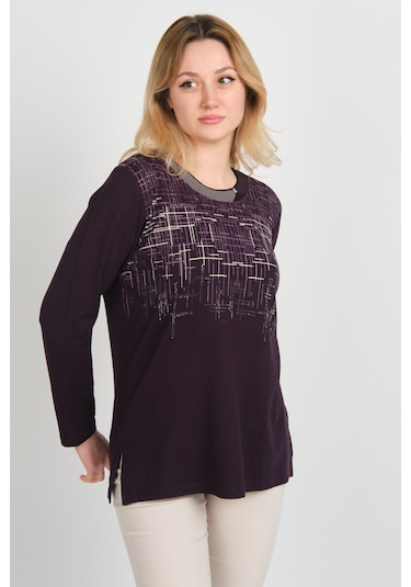 Detay Triko Kadın Taş Detaylı Desenli Yanları Yırtmaçlı Uzun Kol Anne Bluz 5741 Mürdüm Mürdüm