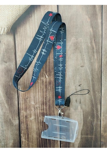 Lacivert Ekg Kalp Ritmi Kart Askısı Yaka Kartı Boyun Askı İpi Telefon Askısı Yatay Dikey Kart Koruyucu