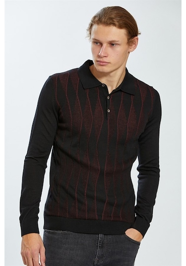 Ecer Polo Yaka Slim Fit Siyah-Bordo Erkek Kazak 72322223 Bordo - Siyah