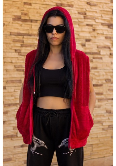 Kadın Kırmızı Peluş Yumoş Fermuarlı Kapüşonlu Yelek 22KYLKPELO Kırmızı