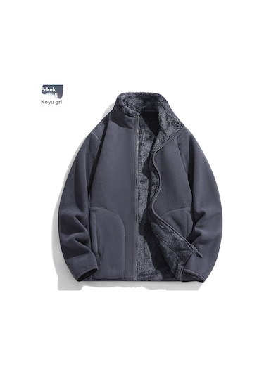 Sonbahar ve Kış Polar Astarlı Dik Yaka Erkek Ceketi Gri