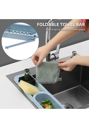 Neevoyu Mavi Gri Genişletilebilir Lavabo Süzgeci - Bölmeli Su Çıkarma Tasarımı, Havlu Asma Barı Ve Sağlıklı Malzeme İle Mutfak Düzenliği Gri - Mavi