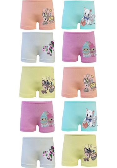 10lu Kız Çocuk Pamuklu Likralı Baskılı Şort Kız Çocuk Boxer - Karışık Çok Renkli
