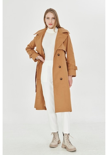 Pastelastore %100 Pamuk Gabardin Uzun 110cm Astarlı Kemerli Kadın Trençkot 1111 Tarçın