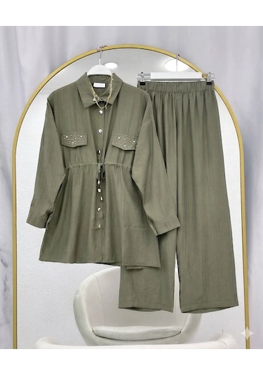 Lovie Moda Kapak Taşlı Jakar Pantolonlu İkili Takım Haki