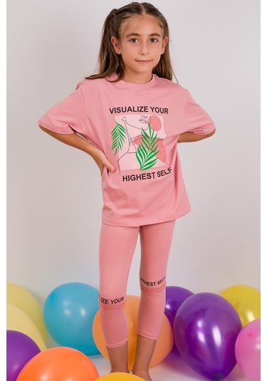Kız Çocuk Takım Kapri Taytlı Baskılı Oversize A84 Koyu Pudra