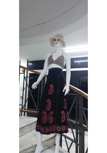 Bohem Stil Hint Batik Çiçek Desenli Ve İşlemeli Uzun Hint Anvelop Etek Görsel Çok Renkli