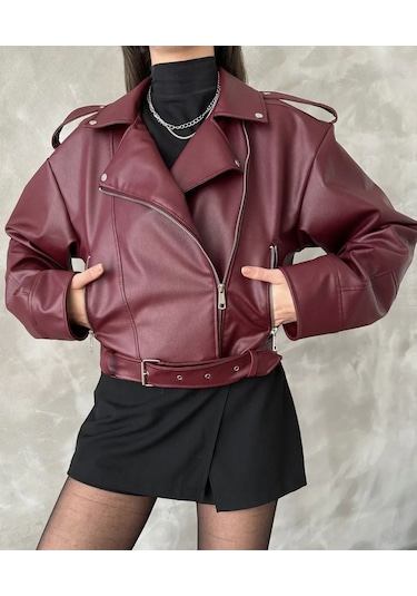 Prifaldi Suni Deri Crop Bıker Ceket Bordo