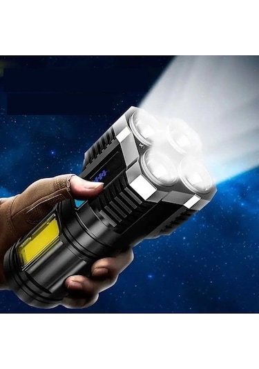 Ultra Parlak El Feneri Usb Şarj 4 Led+yan Cob Led Taktik Günlük Hayat Kamp Avcılık El Feneri