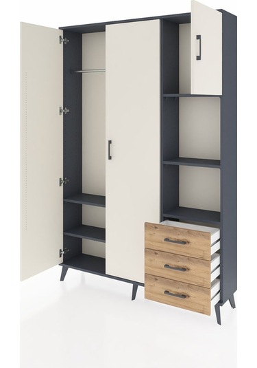 Arges Dolap 5 Raflı 3 Çekmeceli Tek Askılı 132x30x195 Antrasit-aytaşı/çam Aytası/atlas Çam