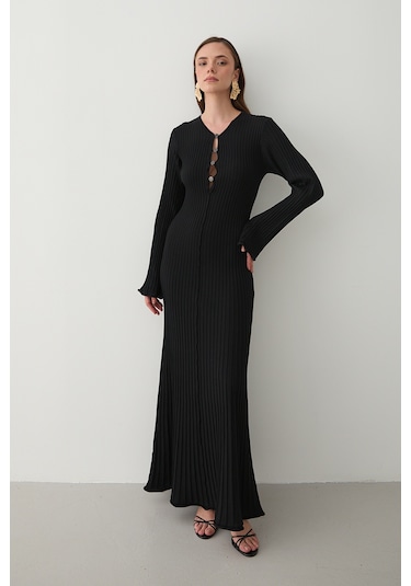 Siyah Düğme Detaylı Uzun Elbise - 1725 Kahverengi