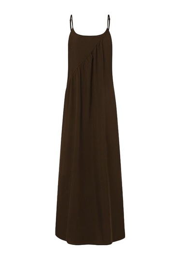 Kah Vonda Yaz Kadın Moda Baskı Askı Tatil Uzun Elbise Kolsuz Bohemia Plaj Geniş Bacak Rahat Gevşek Maxi Elbiseler Büyük Beden stidos Kahverengi