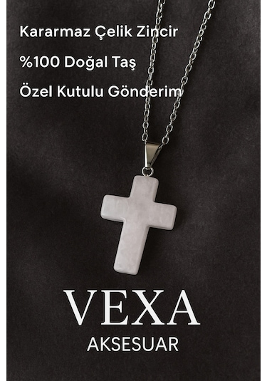 Kuvars Taşlı Haç Kolye - Kararmaz İthal Çelik Zincir - Özel Kutulu Hediyeli Gümüş