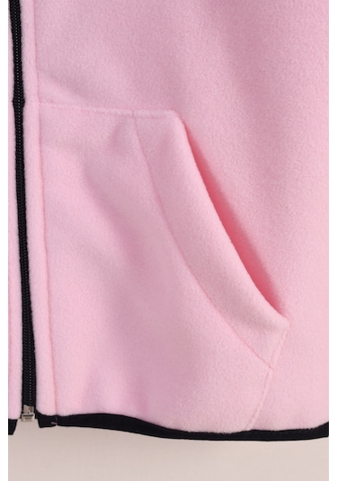 Monox Lastik Manşetli Fermuarlı Kapüşonlu Çocuk Unisex Polar Ceket Pembe