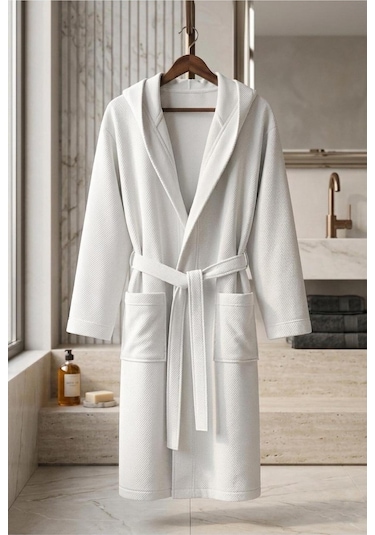 Soft Comfort Lacost Örgü Unisex Kapüşonlu Bornoz Beyaz