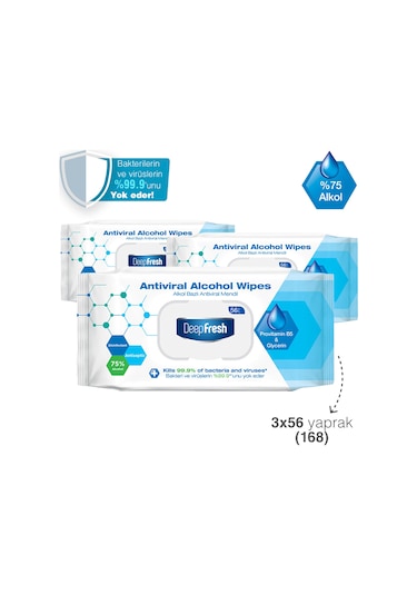 Deep Fresh Alkollü Antiviral Islak Mendil 3'Lü Paket 168 Yaprak