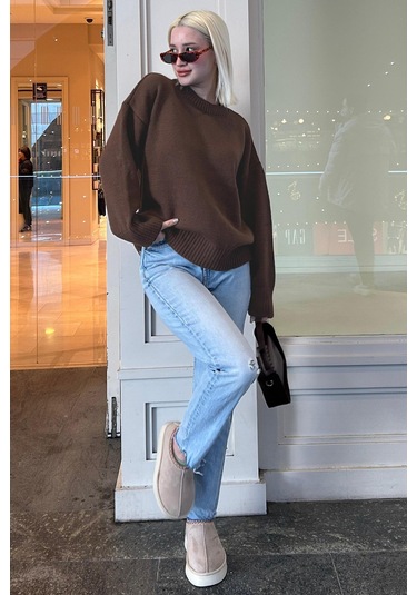 Kahverengi Bisiklet Yaka Oversize Triko Kazak Mg1972 Kahverengi