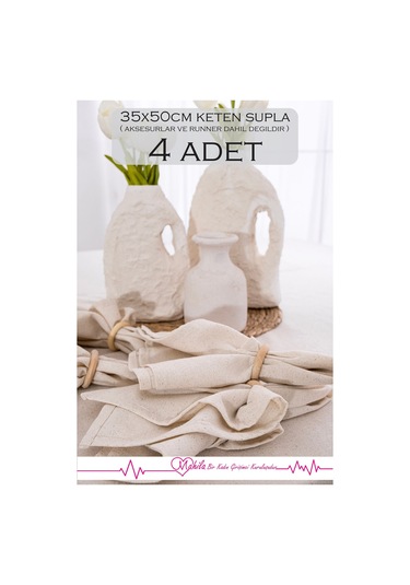 4 Adet 35x50cm %100 Ham Keten Amerikan Supla, Pamuklu Düz Supla, Organik Keten Dekoratif Supla Bej