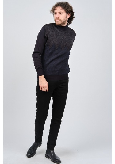 Ateş Triko Erkek Yarım Balıkçı Yaka Desenli Kazak 6091804 Laciver Lacivert