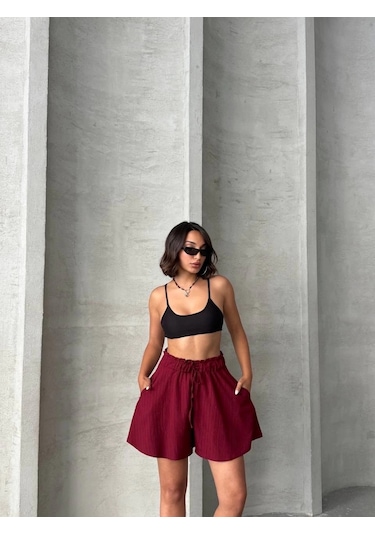 By Mop Volanlı Keten Şort Bordo S255058 Bordo
