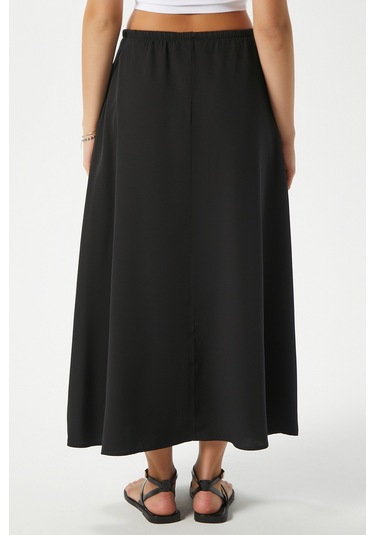Kadın Trend Modal Serin Kumaş Siyah Bel Lastikli Cepli Rahat Kalıp Uzun Etek