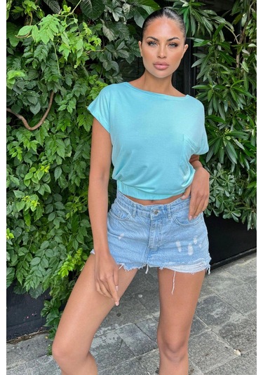 Kadın Mint Yarım Kol, Geniş Yaka, Tek Cepli, Beli Lastikli Rahat Crop Bluz Mint