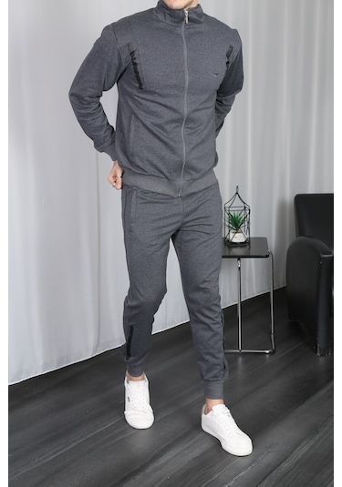 Erkek Dik Yaka Fermuarlı Eşofman Takım - Füme Füme