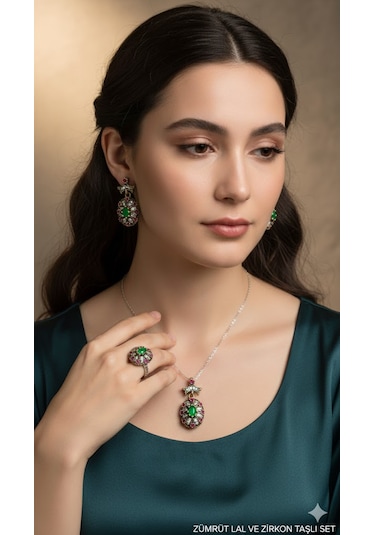 Zümrüt, Lal Ve Zirkon Karışımlı Gümüş 3 Lü Oval Set Bronz