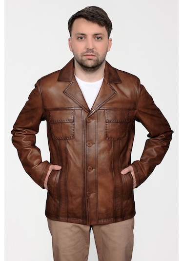 Derije Gomez Hakiki Deri Erkek Taba Punto Dikiş Detaylı Ceket-Mont