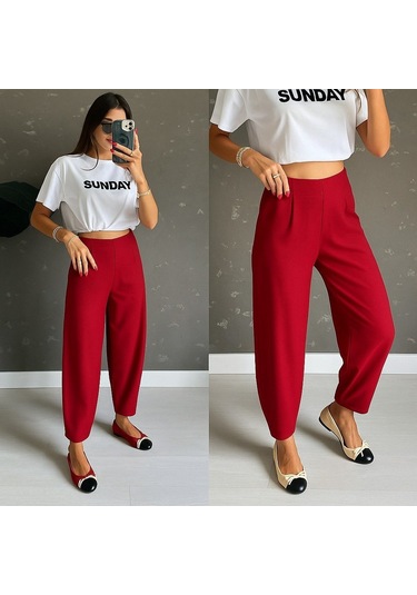 Simala Kadın Yüksek Bel Krep Pantolon Kırmızı