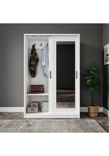 Başak Aynalı 2 Sürgü Kapılı Beyaz 8 Bölmeli Portmanto