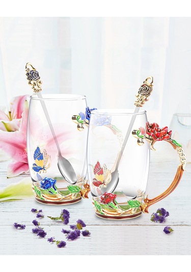 Neevoyu Kırmızı Cam Çay Bardağı Seti 350ml - Floral Desenli, Isı Yalıtımı, Kaşık+temizlik Bezi+hediye Kutusu İle - Açık Renkli Zümrüdüanka Desenli Ev Dekorasyonu Ve Çay Zevki Çok Renkli