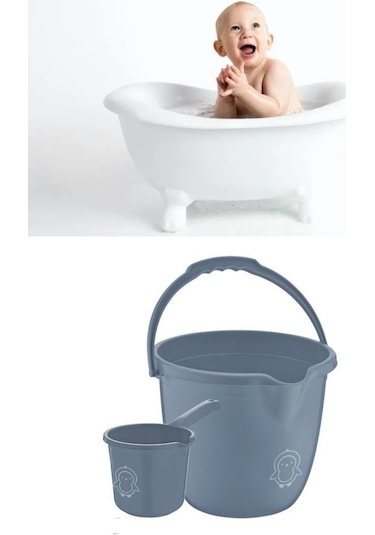 Flosoft Bebek Banyo Su Kovası Ve Maşrapası 2 Li Set, Saplı Oluklu Kova 13lt Ve Maşrapa 1,5lt Mavi