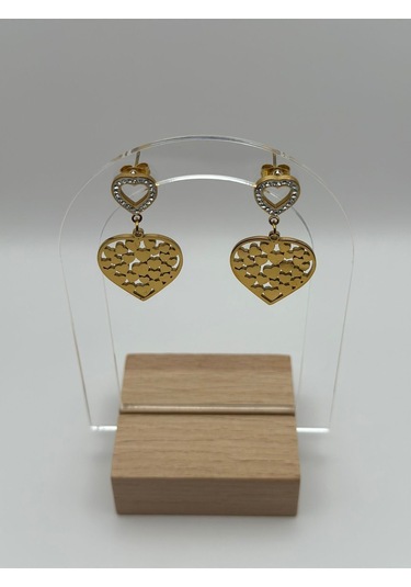 Arnes Jewelry Çelik Sallantılı Zirkon Taşlı Kalpli Küpe Ar254nes Gold