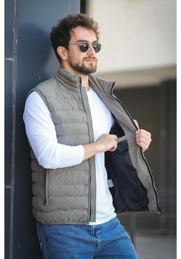 Doxfa Suya Dayanıklı Cepli Fermuar Detaylı Dik Yaka Erkek Şişme Yelek Yeşil