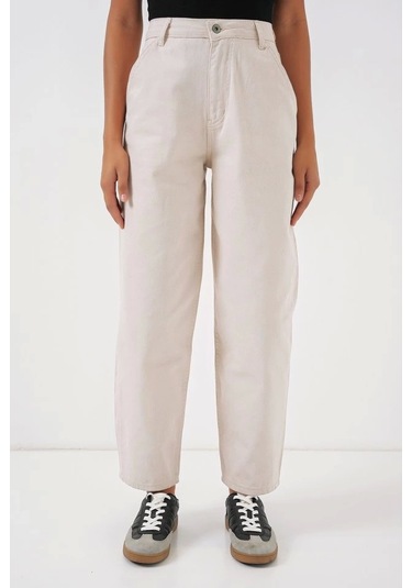 Defymoda 6703 Yüksek Bel Kot Pantolon - Ekru Ekru