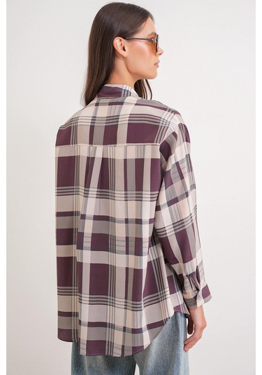 4752 Kadın Oversize Ekose Gömlek Bordo Bordo