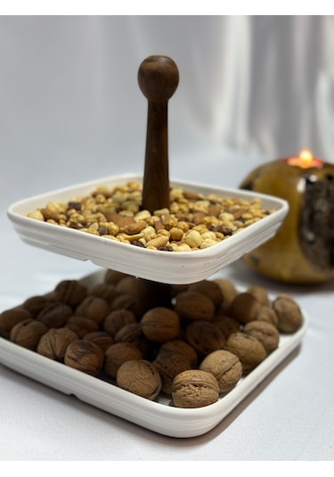 Aless 2 Katlı Ahşap Kulplu Seramik Sunumluk Çerezlik Meyvelik