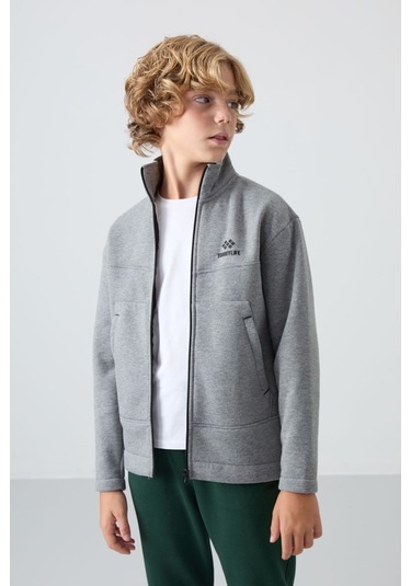 Gri Melanj Pamuklu Kalın İçi Tüylü Yumuşak Dokulu Standart Fit Nakışlı Erkek Çocuk Sweatshirt - 11245 Gri Melanj