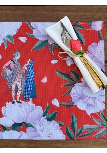 Kırmızı White Rose Kumaş Amerikan Servis 4'lü Set 35x50cm Çok Renkli