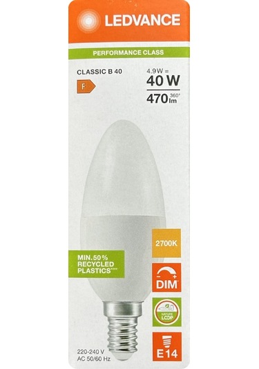 10 Adet Ledvance 4,9w Sarı Işık 2700k E14 Duylu İnce Duy Dim Edilebilir Led Ampul