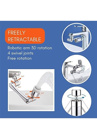 Xurunkeji 1440º Döner Robotik Kol Döner Uzatma Musluk Havalandırıcısı Ve 360º Döner Musluk Uzatıcısı - Musluk İçin Lavabo Aparatı GÜMÜŞ