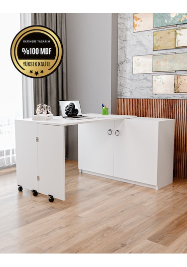 Rafineri Flor Çalışma Masası Dolaplı Açılır Katlanır Masa Mdf Bey Beyaz