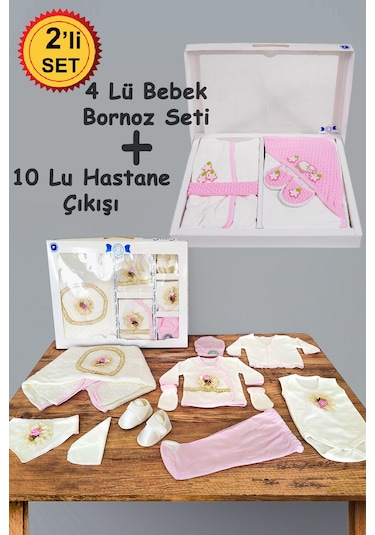 10 Parça Pembe Çiçek Hastane Çıkışı Ve 4 Parça Bebek Bornoz Seti Ekru - Pembe